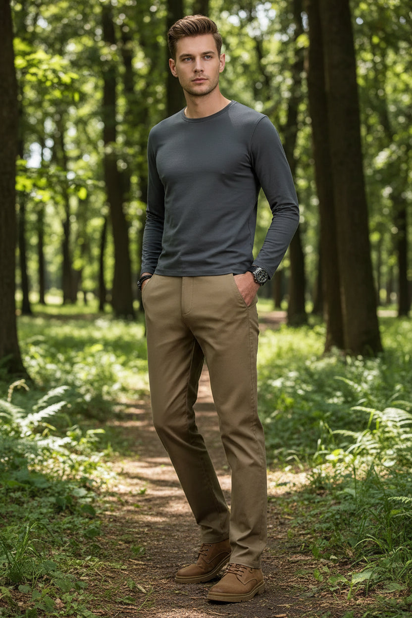 Beige pants worn by a person on a gray background