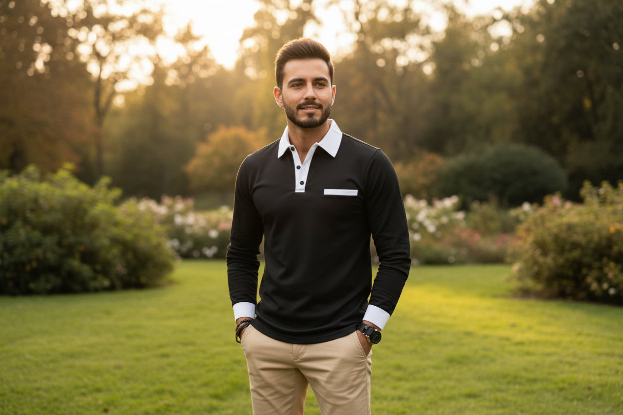 Man wearing a black long-sleeve polo shirt with white collar and cuffs, standing against a reflective surface.