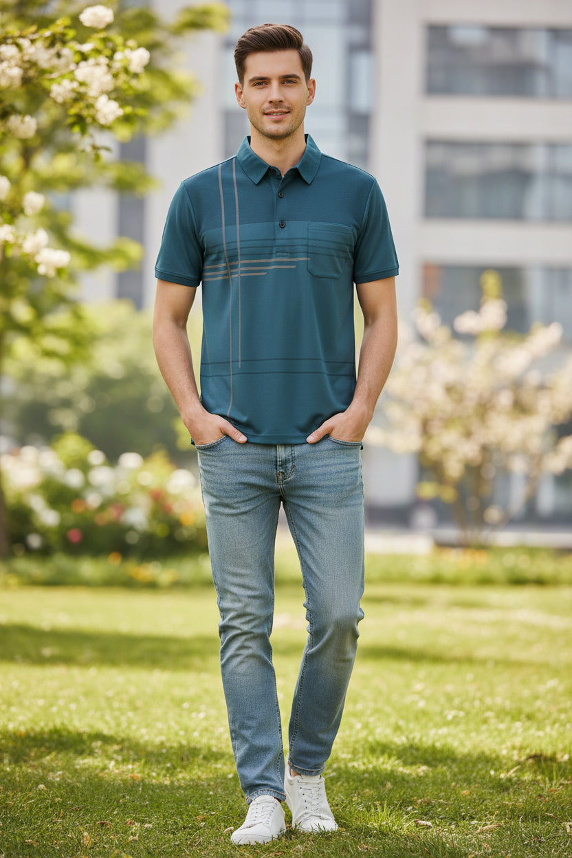 Blue polo shirt on a hanger against a gray background
