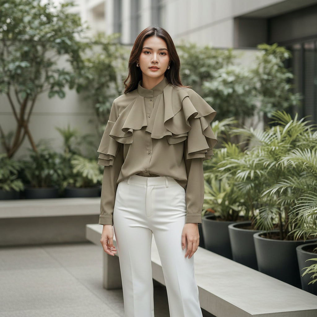 Khaki blouse with ruffled details on a white background