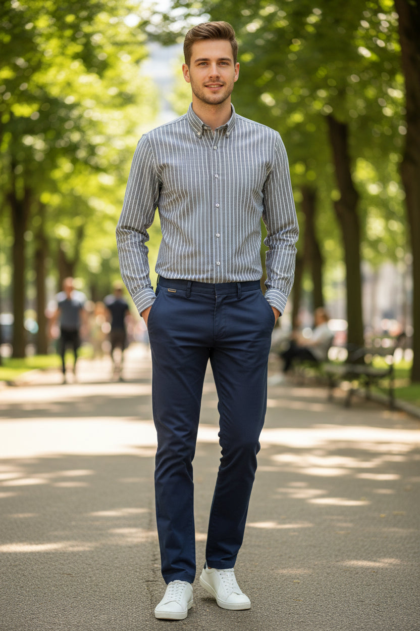 Folded gray and white striped shirt with a brand label on a light gray background