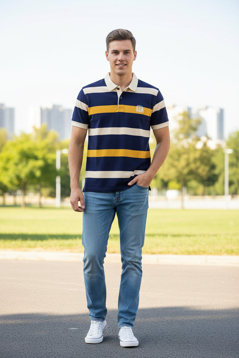 Navy blue polo shirt with white and yellow stripes on a gray background