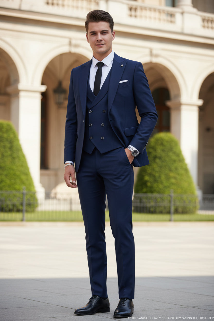 Navy blue suit with white shirt and black tie against a neutral background