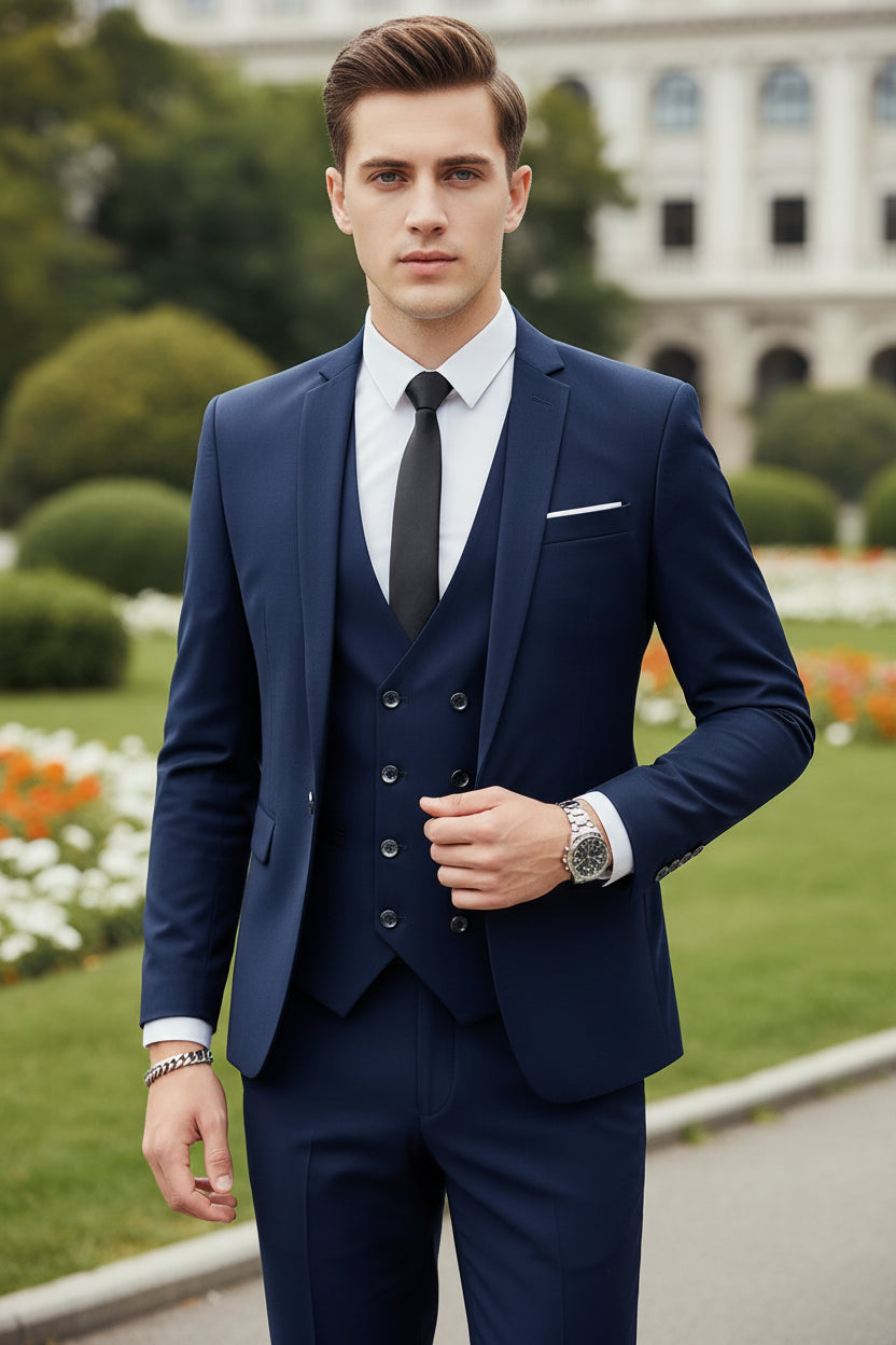 Navy blue suit with white shirt and black tie against a neutral background