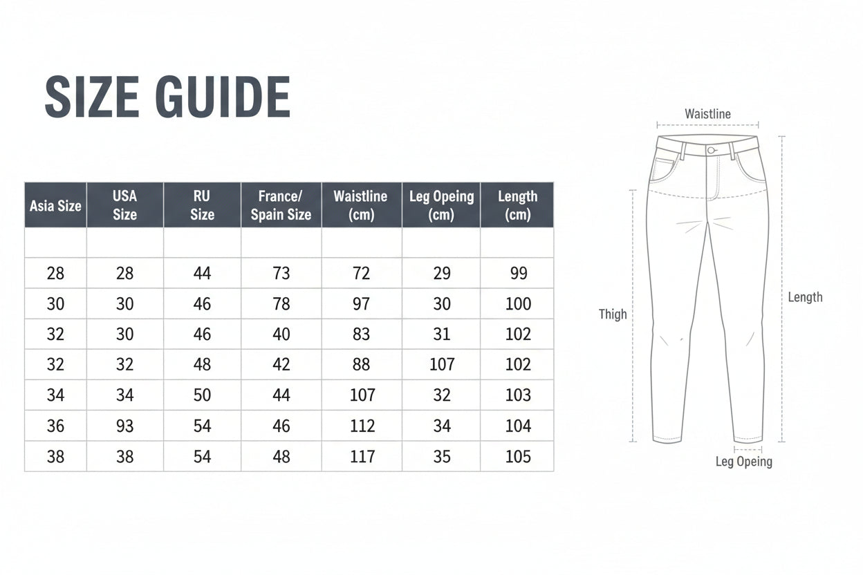 Size chart for pants with measurements in centimeters