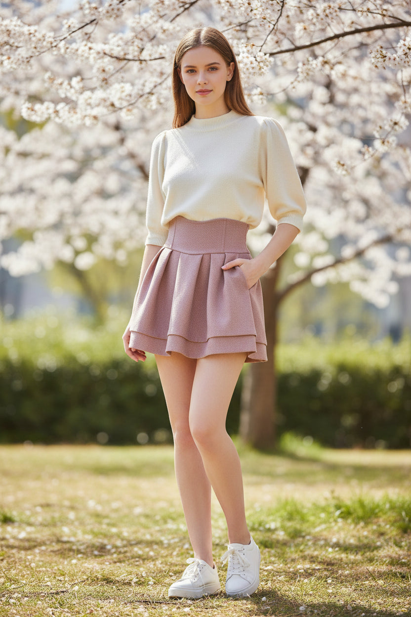 Pink pleated skirt worn by a person on a pink background with 'DUTRIEUX' branding.
