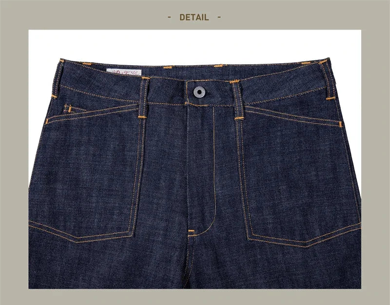 Close-up of dark blue denim jeans on a light gray background