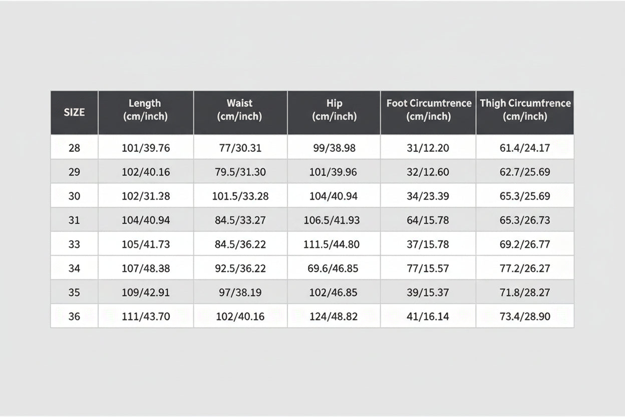 Size chart for clothing measurements in centimeters and inches