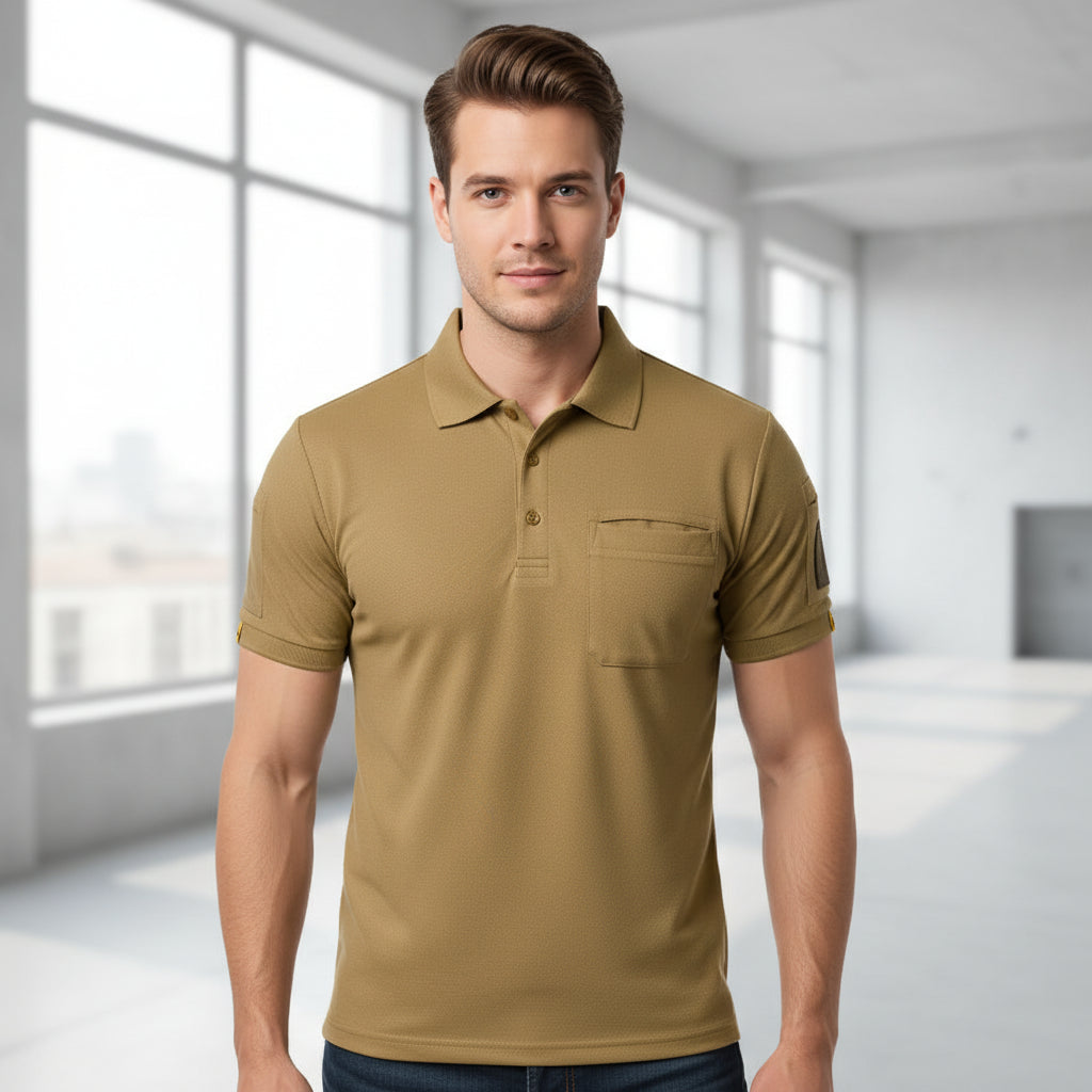 Beige polo shirt with sunglasses hanging from the collar on a white background