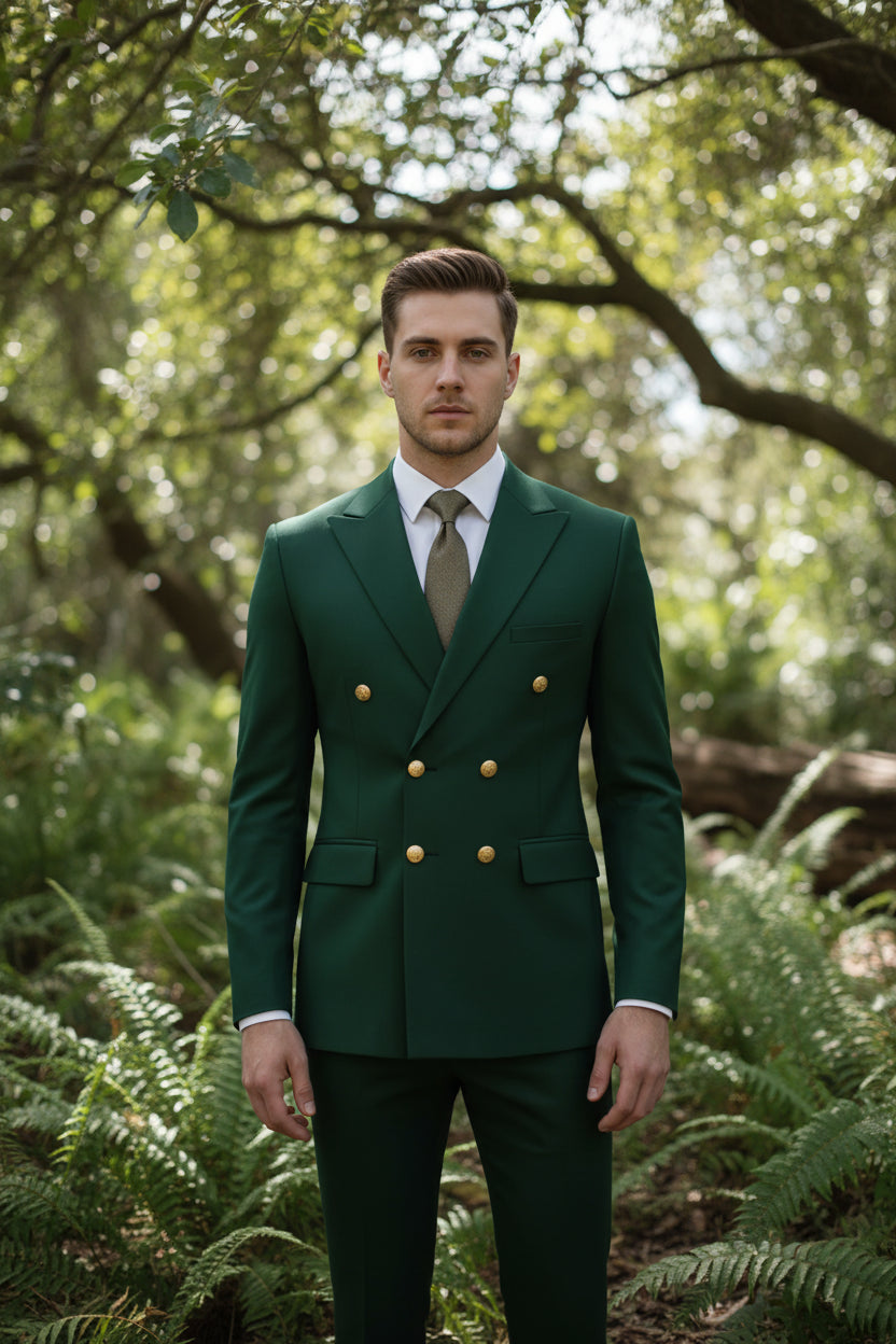 Green suit with gold buttons on a light gray background
