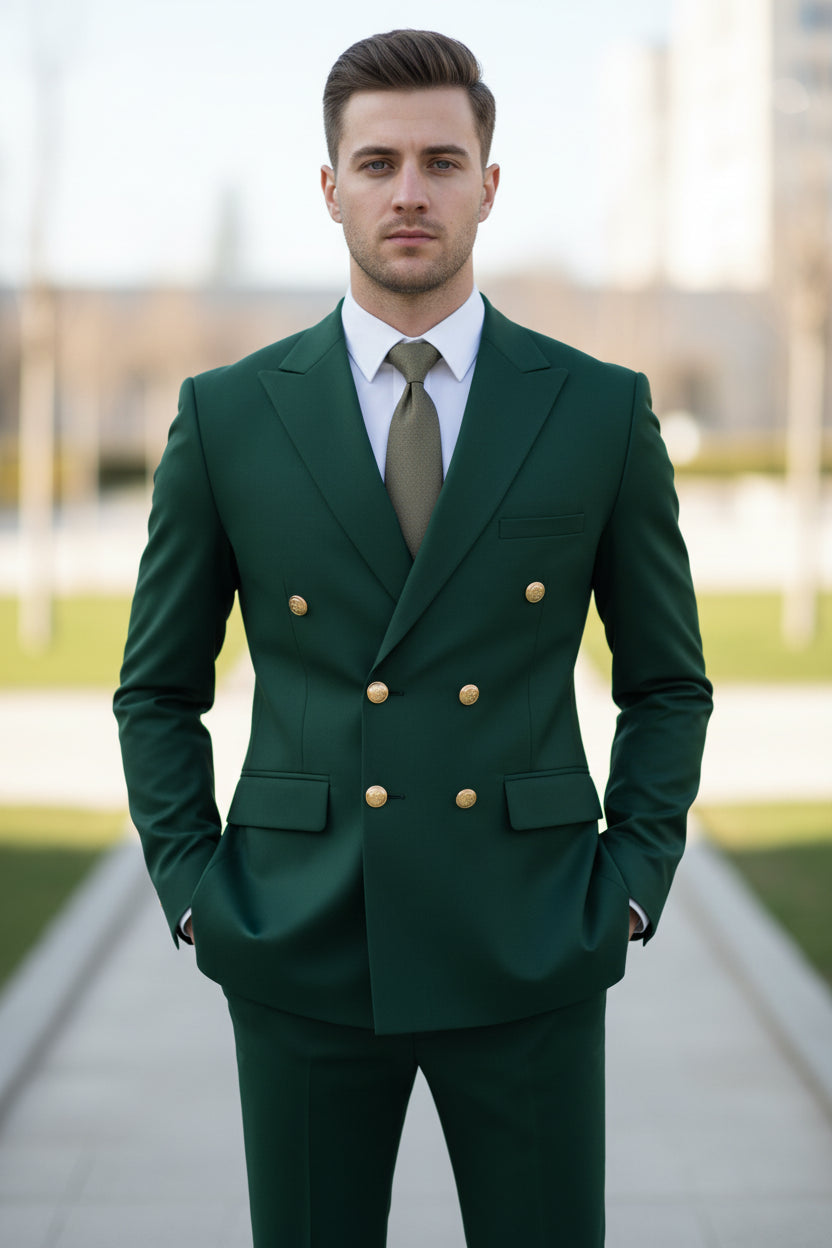 Green suit with gold buttons on a light gray background