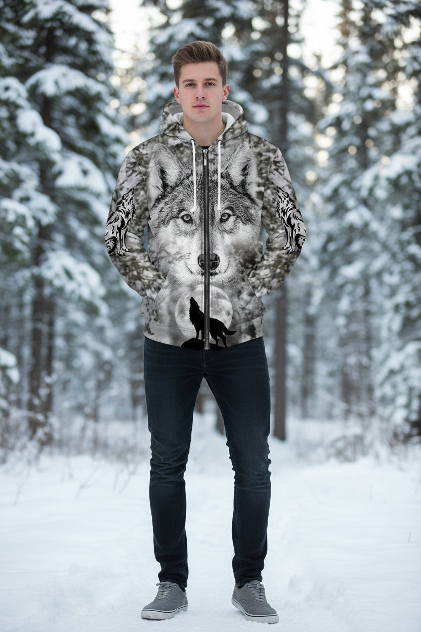 Hoodie with wolf design on a white background