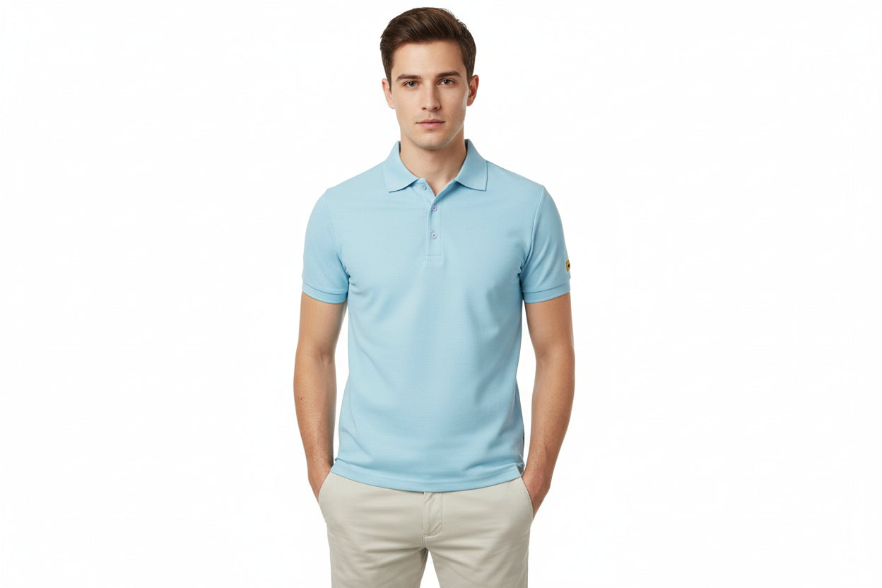 Light blue polo shirt with sunglasses patch on a white background