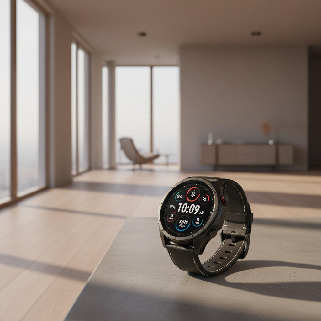 Smartwatch with features highlighted on a dark background