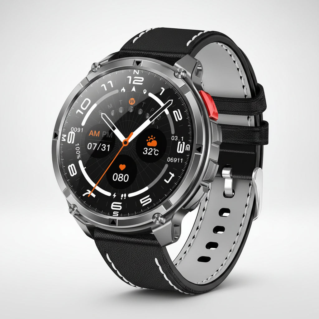Smartwatch with features highlighted on a dark background