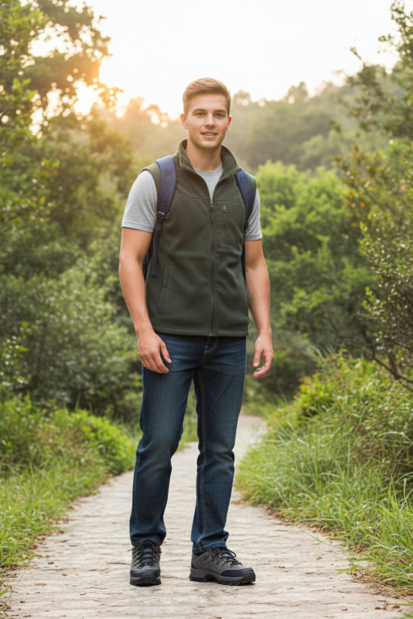 Person wearing dark gray hiking boots with black soles on a wooden path.