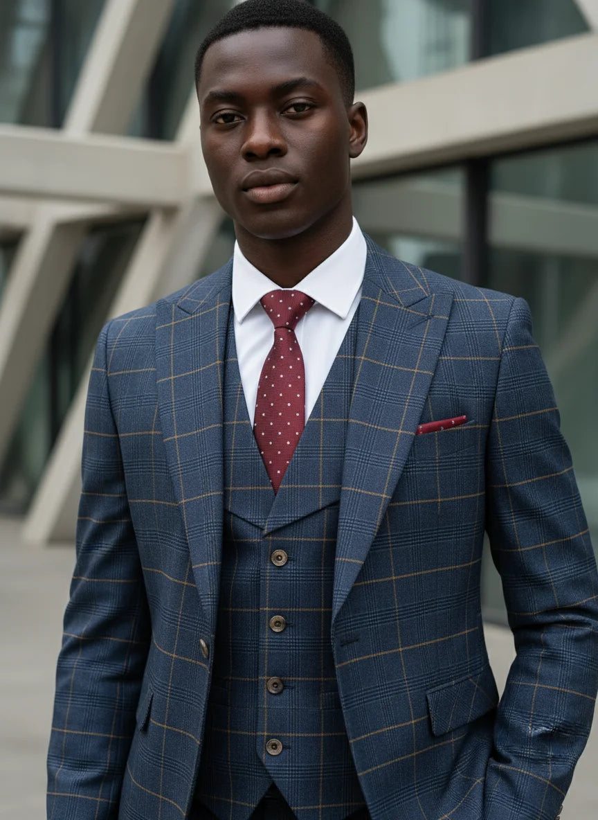 Elevate Your Style with the Dark Blue Checkered 3-Piece Suit Set