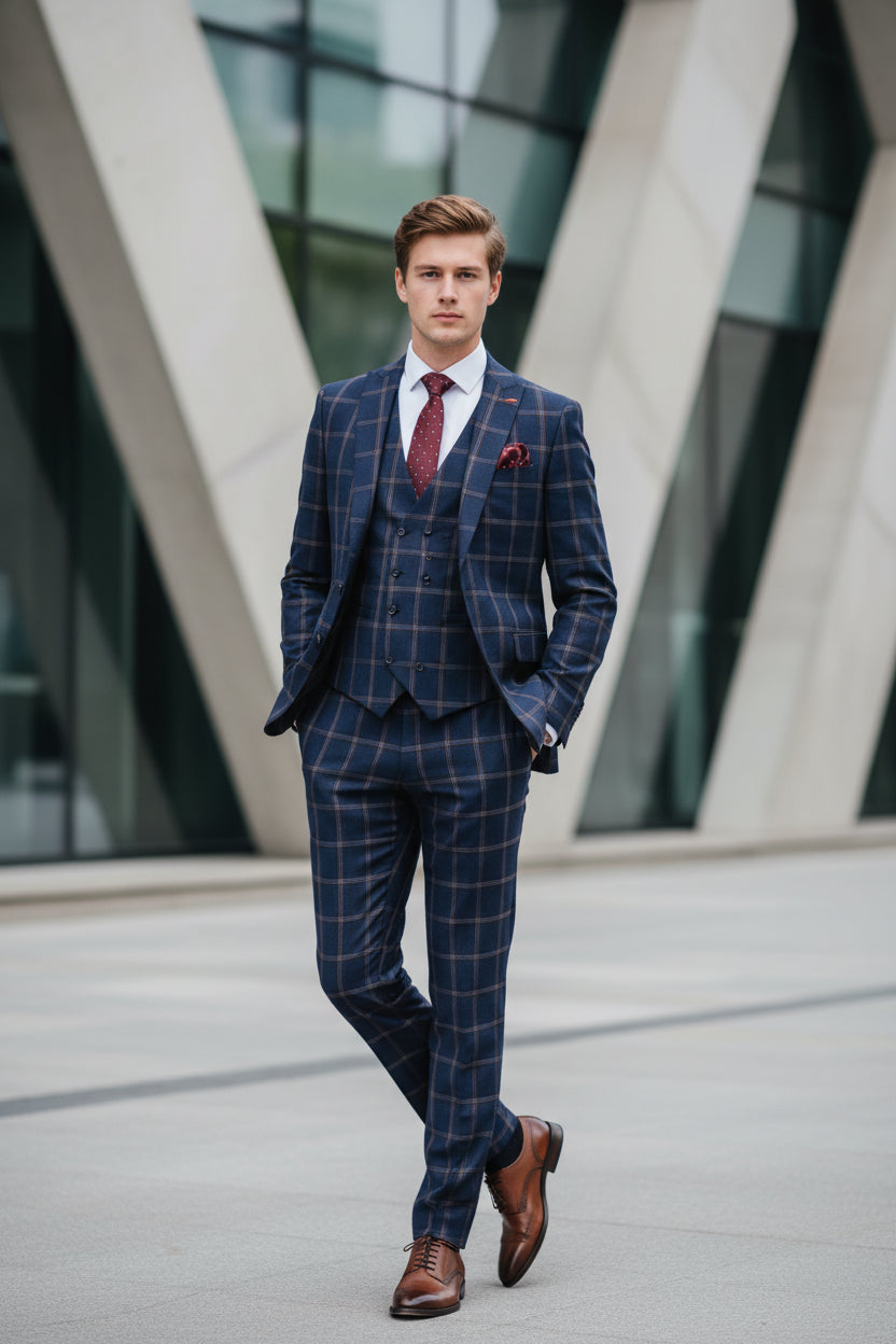 Man wearing a blue checkered suit with a red tie in an urban setting