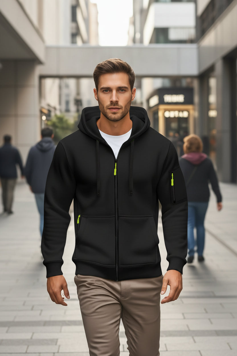 Person wearing a black hoodie with green zippers on a blurred street background