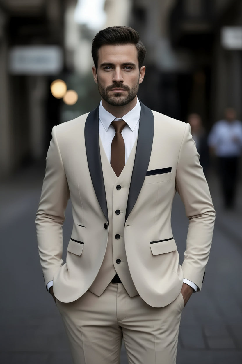 Man wearing a beige suit with black lapels and a brown tie against a blurred background