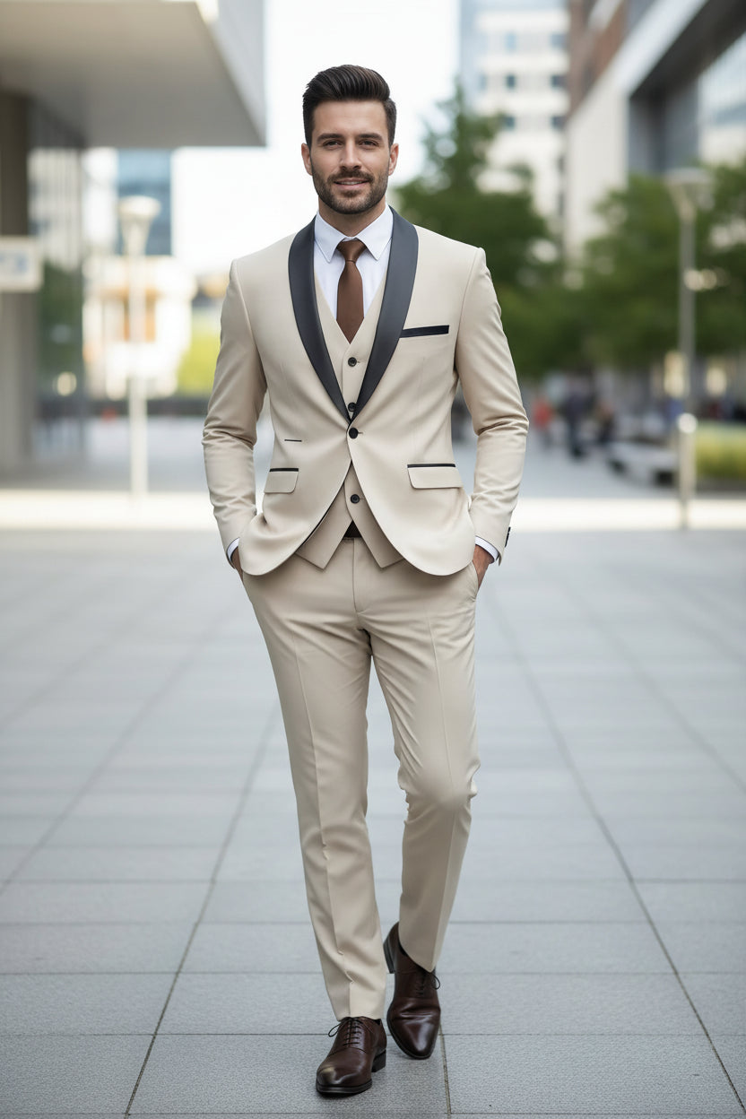 Man wearing a beige suit with black lapels and a brown tie against a blurred background