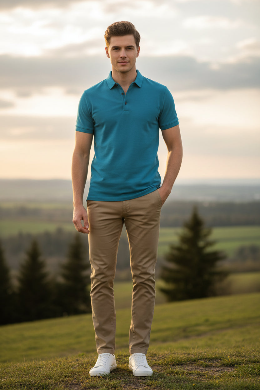 Blue polo shirt on a white background