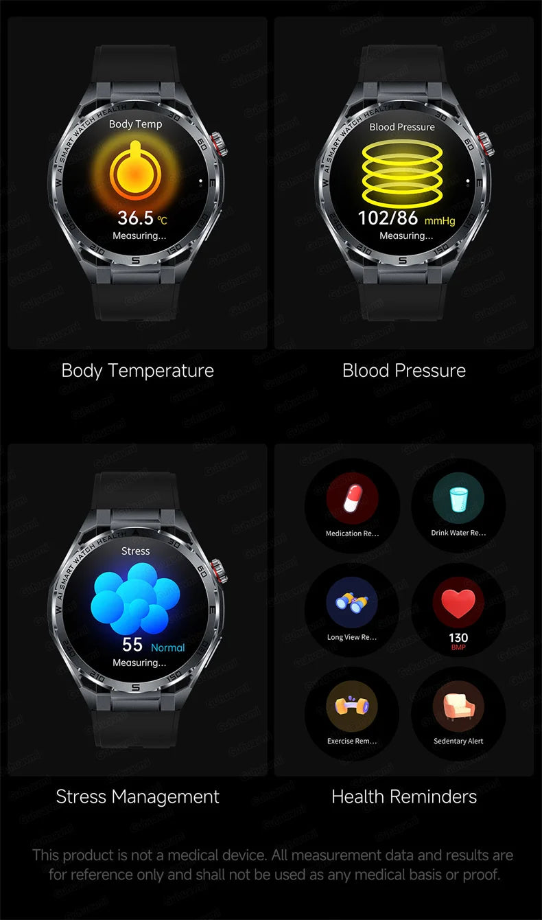 Smartwatch displaying health metrics including body temperature and blood pressure, with additional features like stress management and health reminders.