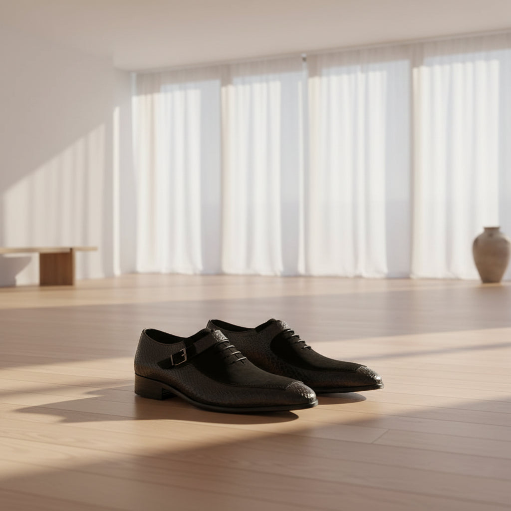 Black dress shoes on a textured surface with promotional text overlay.