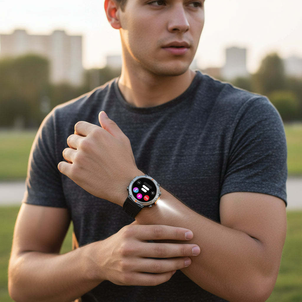 Smartwatch with flashlight feature on a dark background