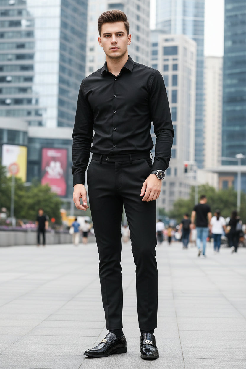 Black dress shoes with gold accents worn by a person on a light gray background