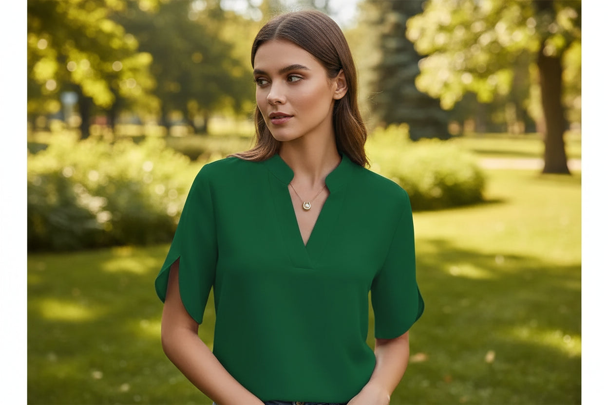 Green blouse worn by a person on a gray background