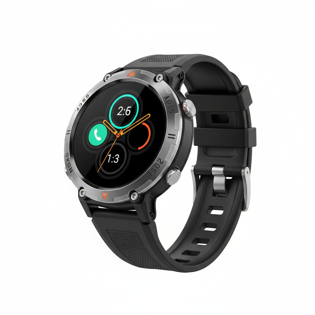 Smartwatch with outdoor theme, showing Bluetooth calling and message reminder features.