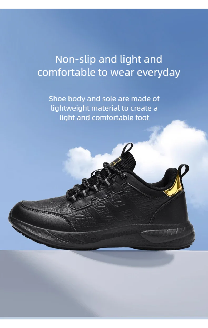 Black sneaker with gold accents on a blue background