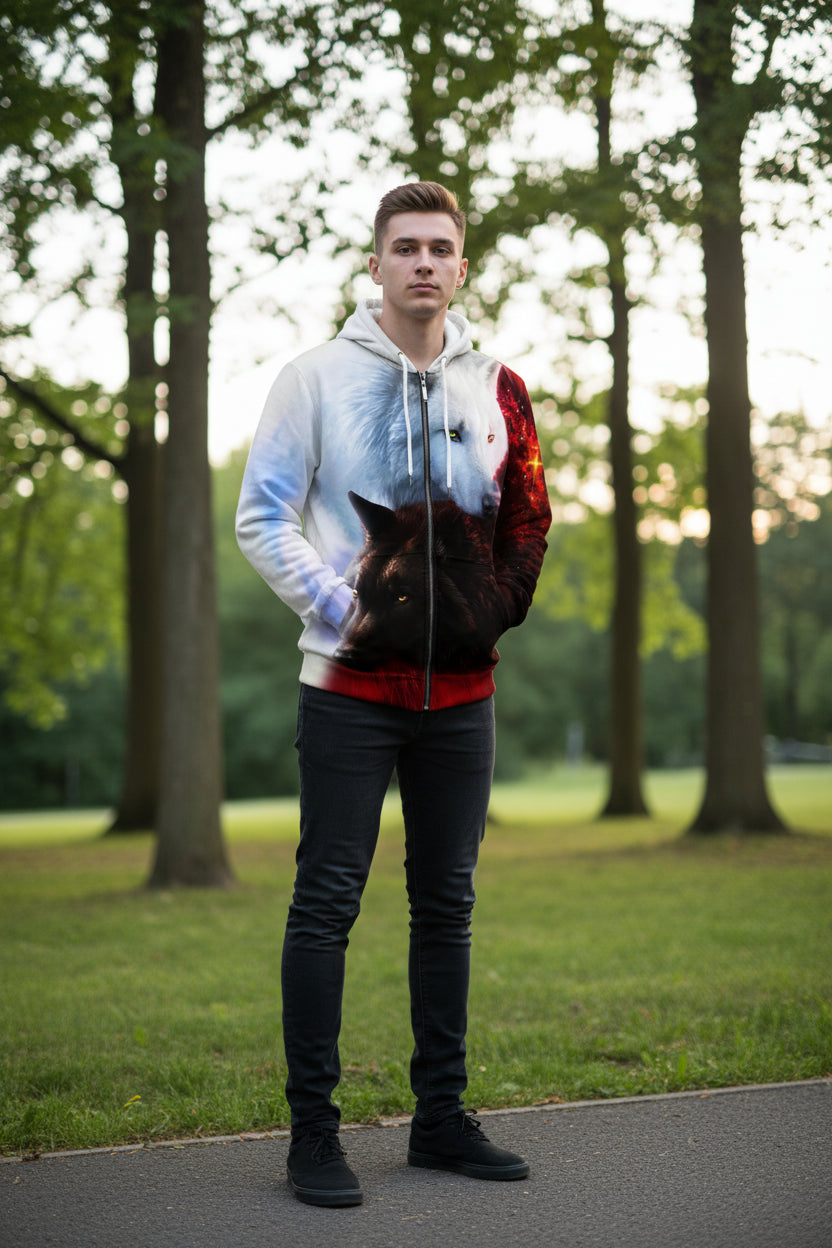 Hoodie with a design of two wolves, one white and one black, on a white background.