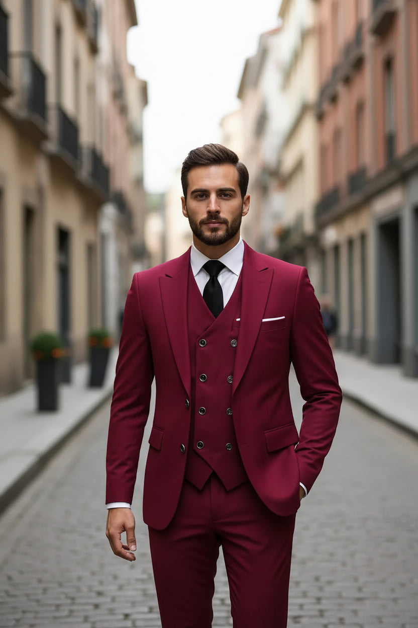 Man wearing a burgundy suit with a black tie on a city street.