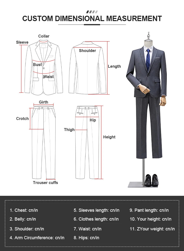 Measurement chart for suits with labeled parts and a mannequin wearing a suit.
