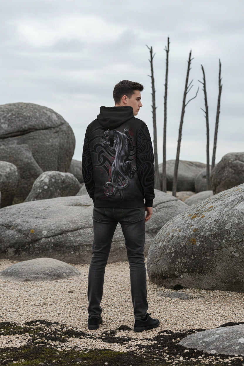 Black hoodie with a panther design on the back against a white background