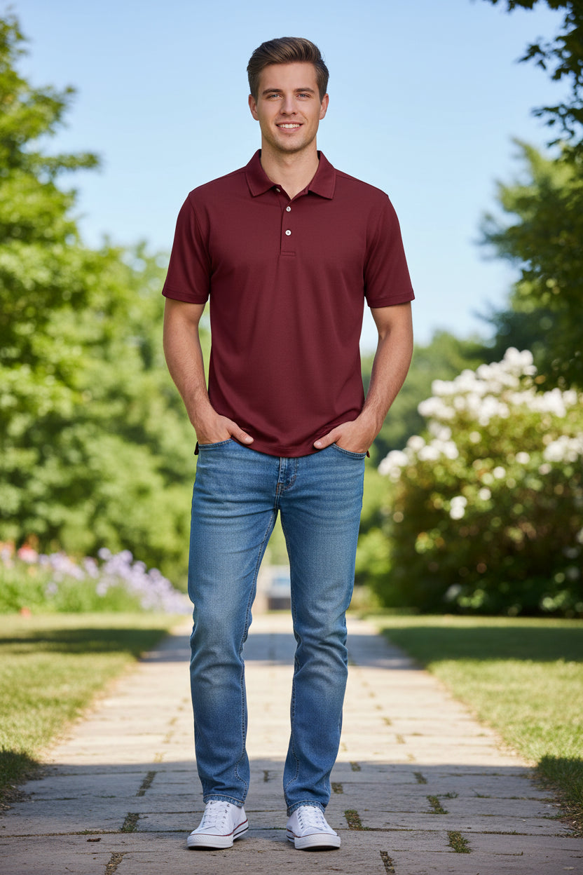 Maroon polo shirt on a white background
