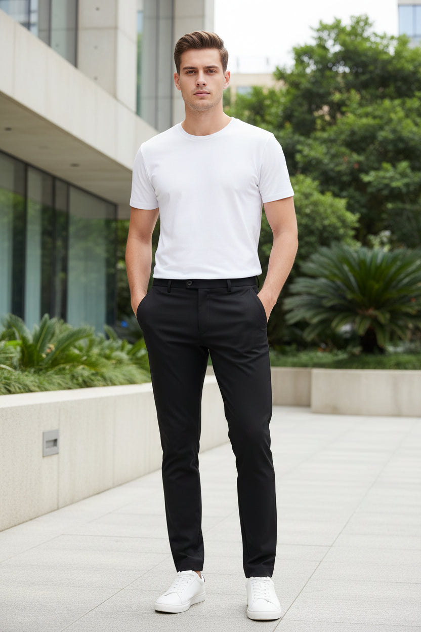 Person wearing black pants and white shoes on a gray background
