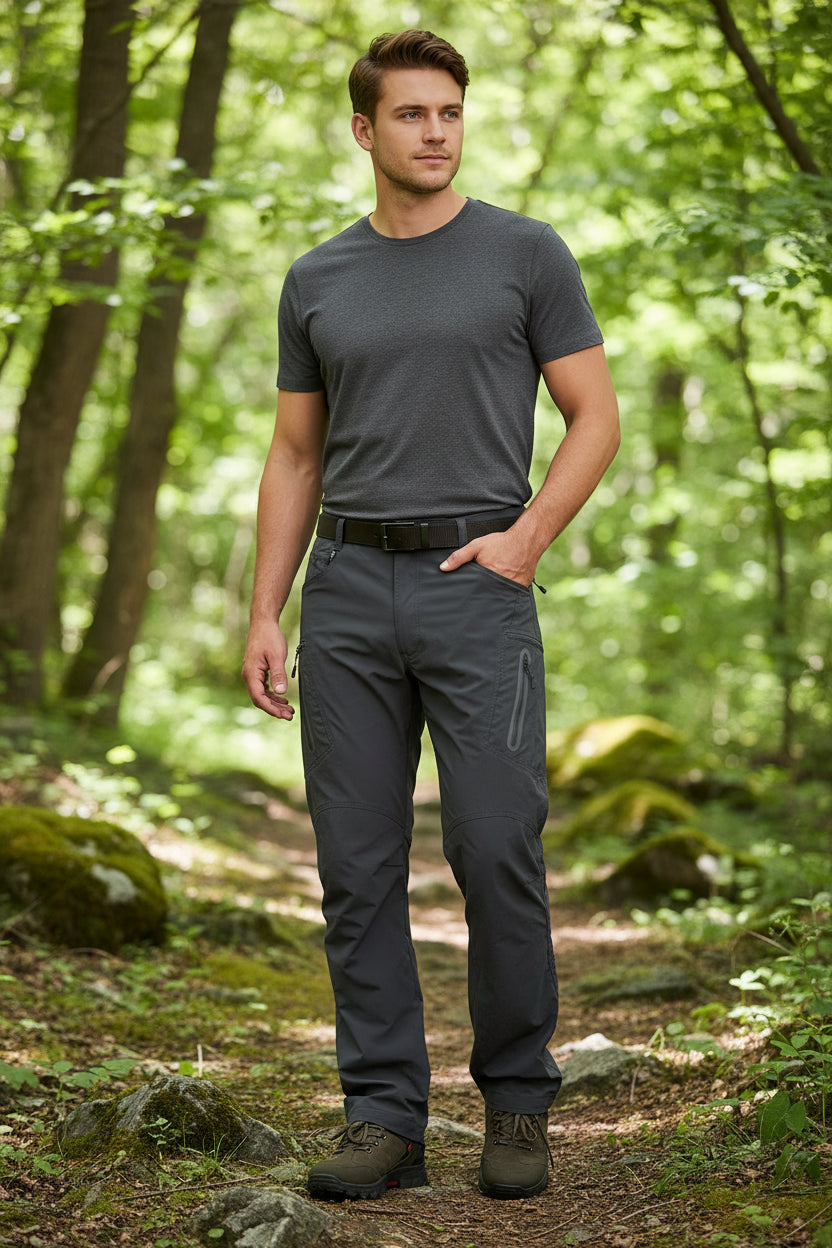 Person wearing dark gray pants with zippers on a white background