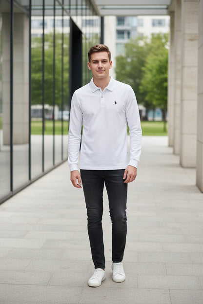 White long-sleeve polo shirt with a brand logo on a hanger, with other colored shirts in the background.
