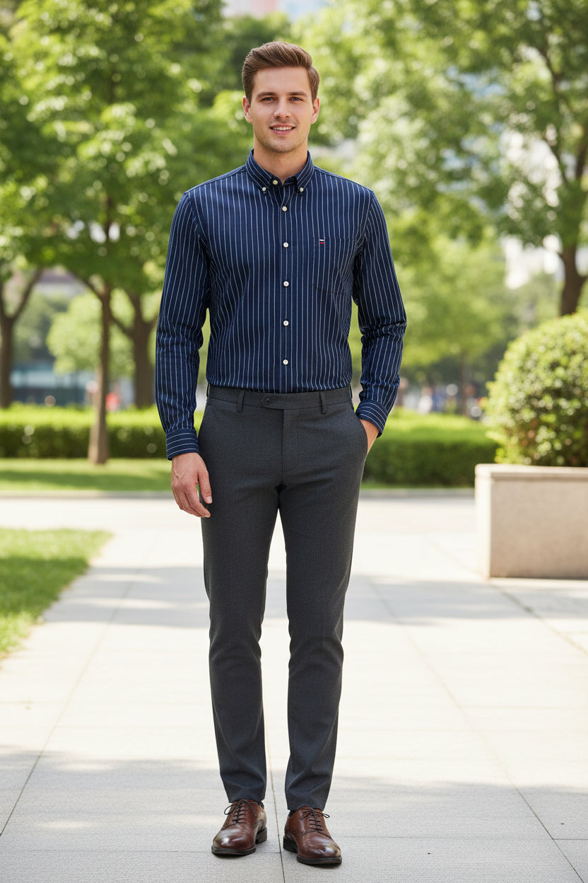 Navy blue striped shirt with white buttons on a light gray background