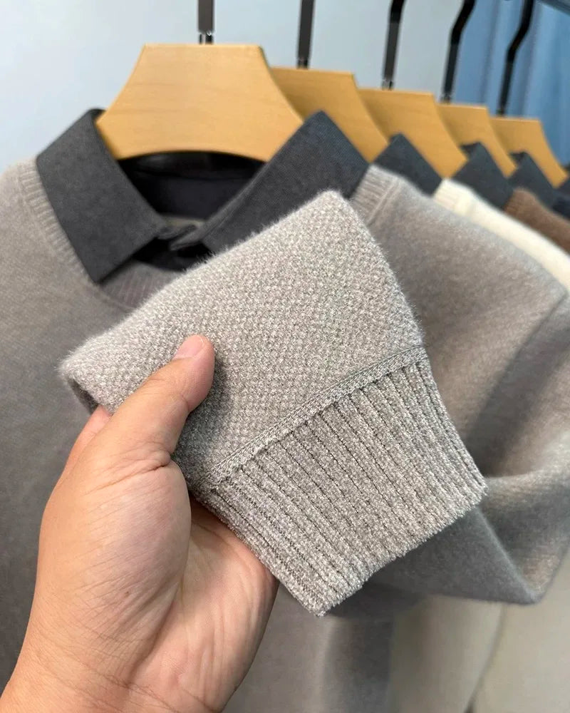 High end trendy pony embroidery men's sweater luxury brand fashion Paul winter velvet warm striped shirt collar knitted pullover