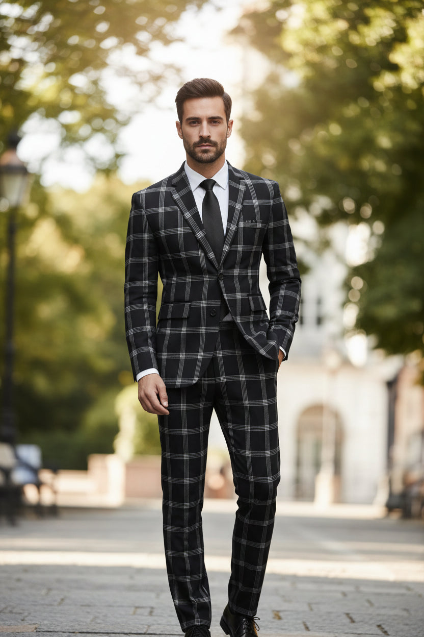 Man wearing a black and gray checkered suit with a blurred background