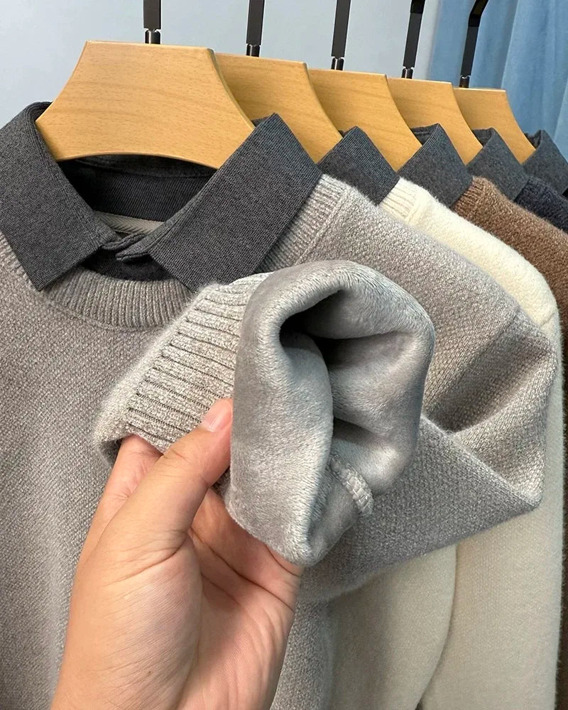 High end trendy pony embroidery men's sweater luxury brand fashion Paul winter velvet warm striped shirt collar knitted pullover
