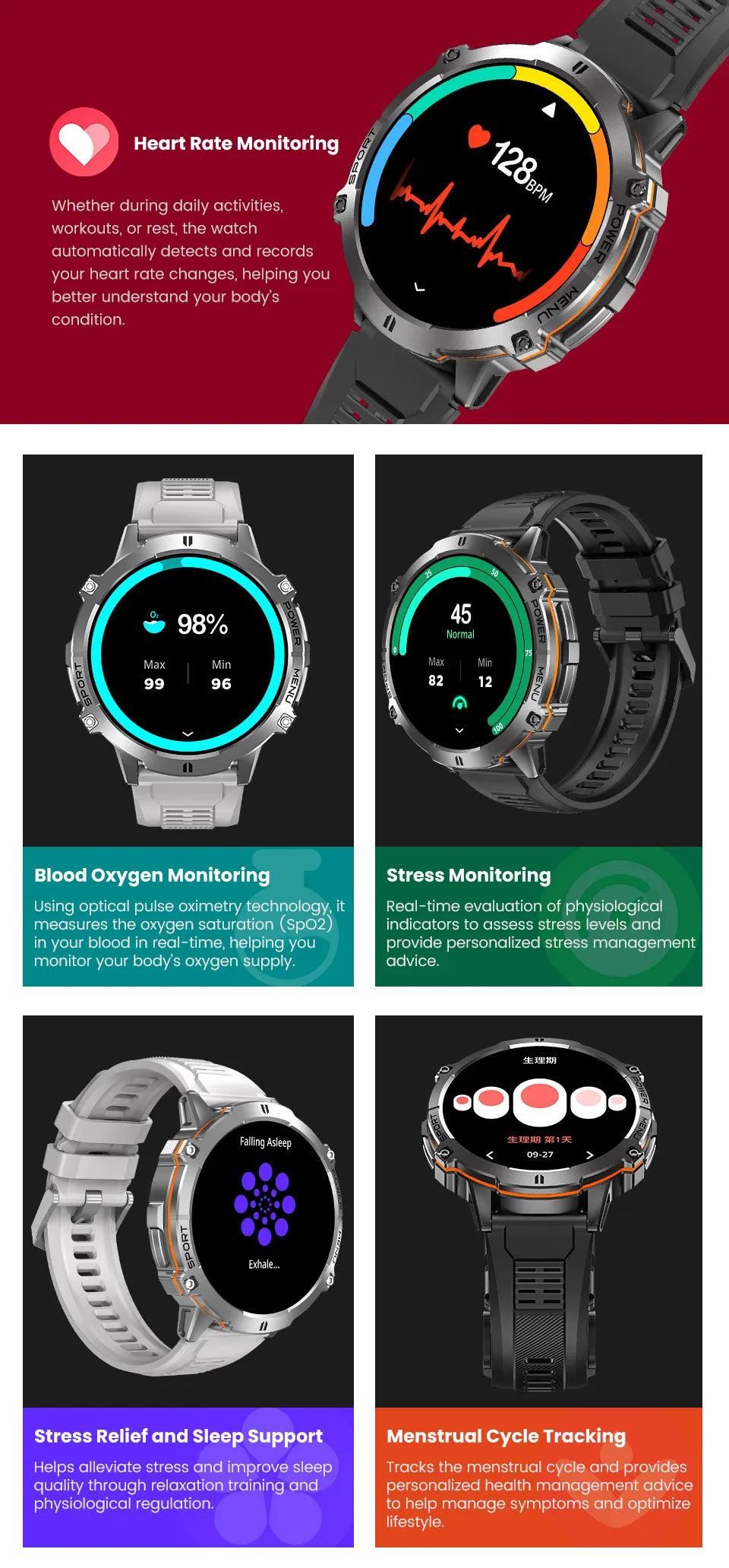 Smartwatch with various health monitoring features on a promotional graphic.