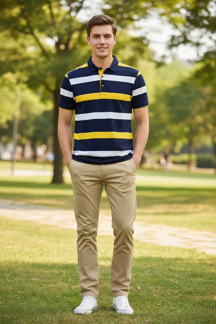 Striped polo shirt with navy, yellow, and white colors on a white background