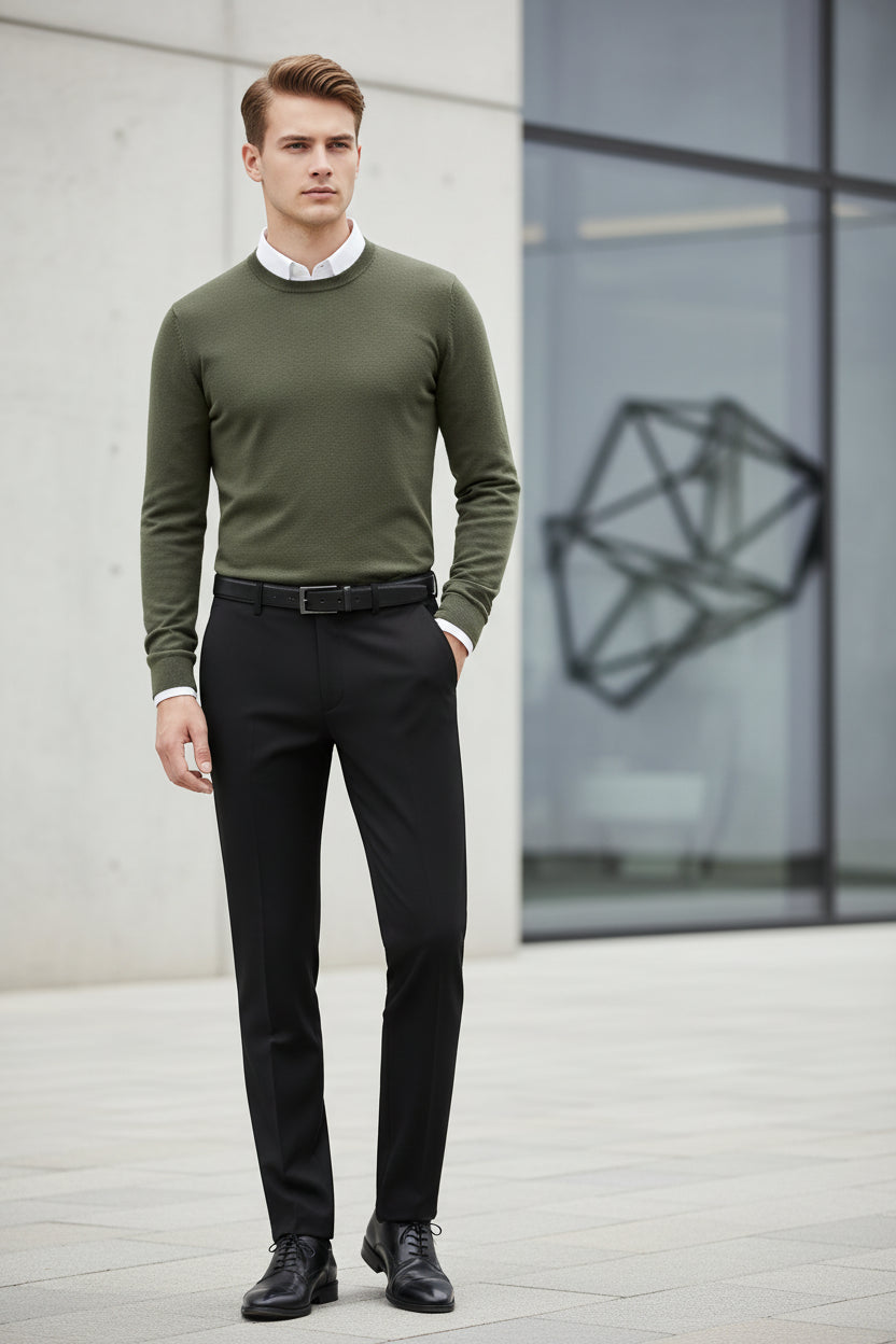 Black dress pants with a belt on a white background