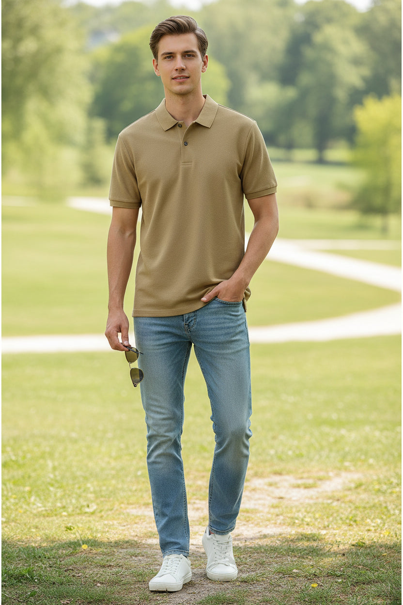 Beige polo shirt on a hanger with a blurred background