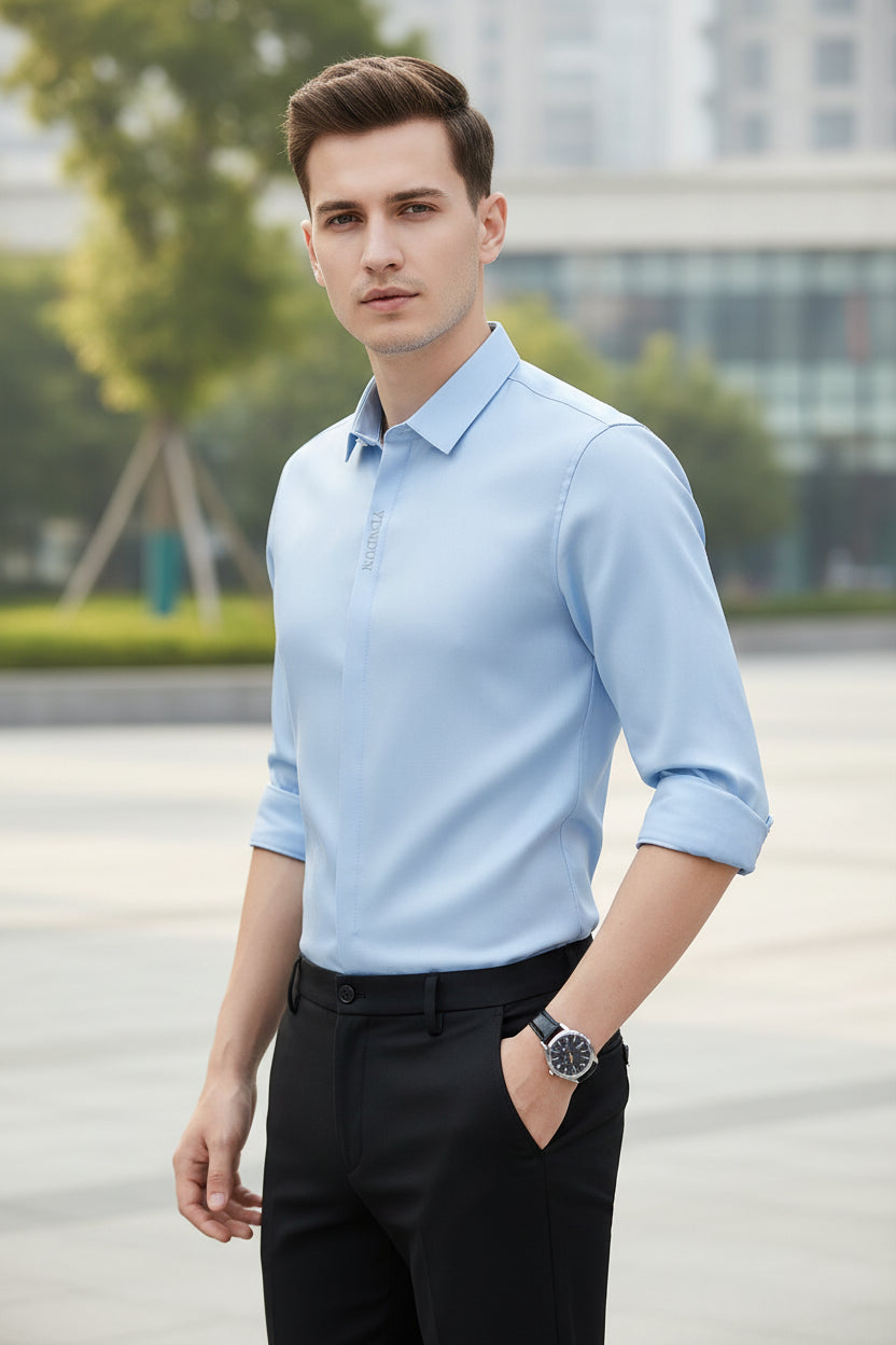 Light blue dress shirt with rolled-up sleeves on a gray background